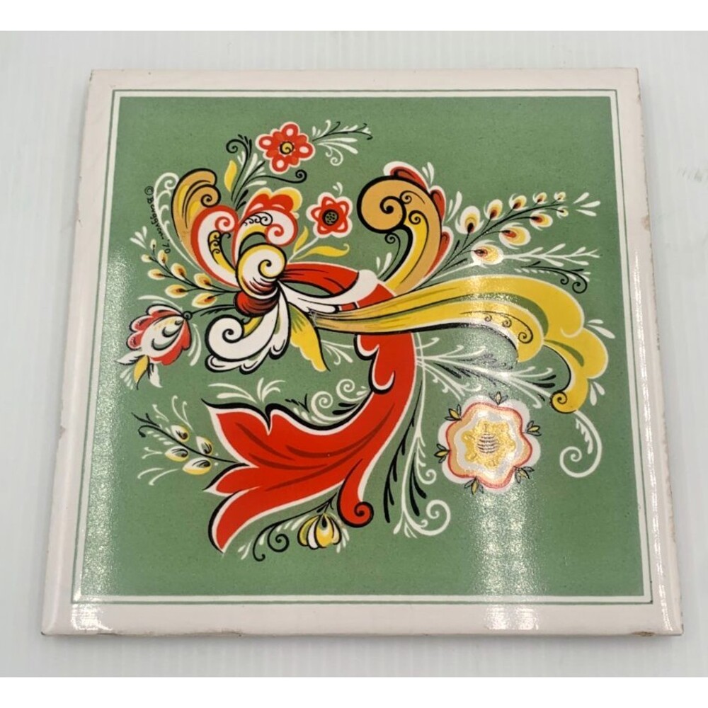 Vintage 1970 Berggren Swedish Folk Art Tile Trivet Green Yellow Orange Flowers
